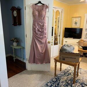 La Femme Rose Dusty Mauve Lace & Satin Maxi Gown